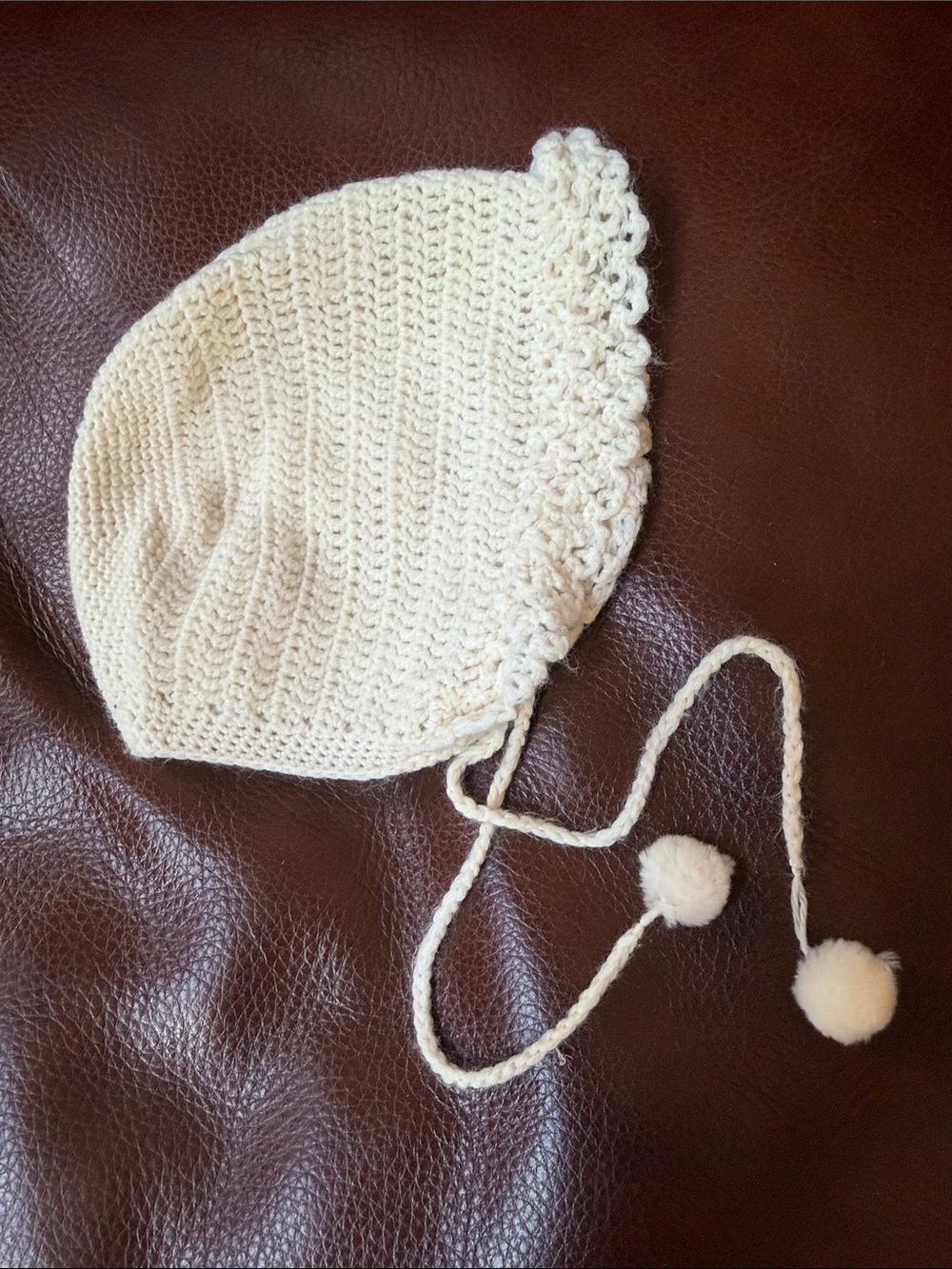1950’s Cream Crochet Baby Bonnet with Pom Pom Ties